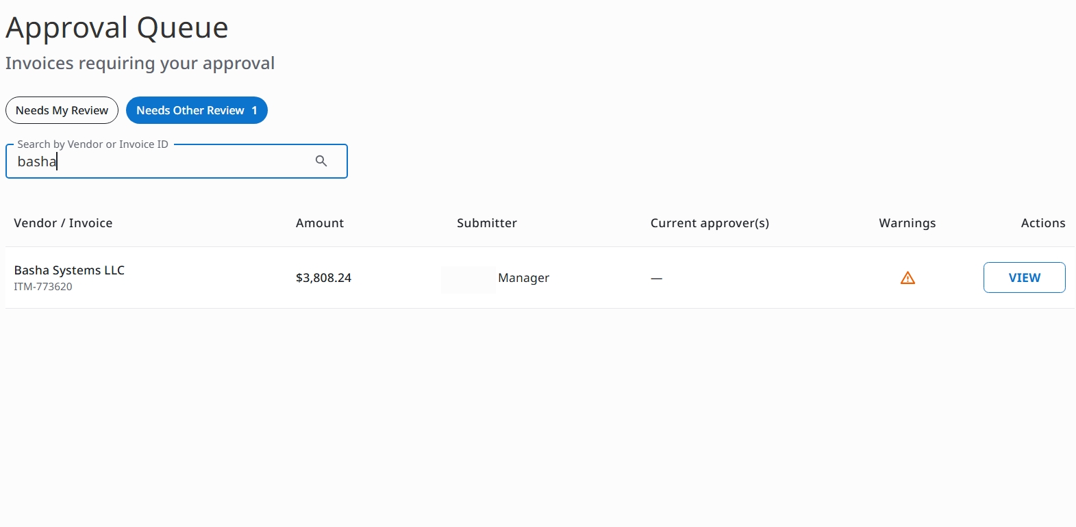 Approval Queue search field filtering results by vendor or invoice ID on the Needs Other Review tab