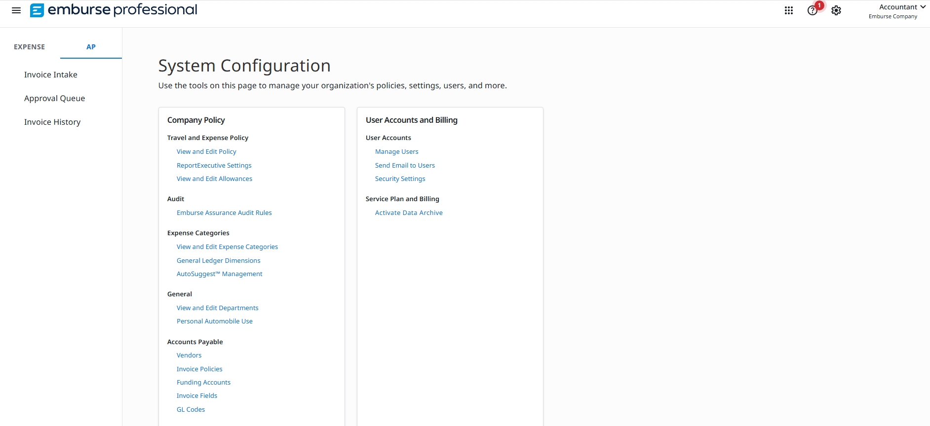 System Configuration page Accounts Payable section with Vendors, Invoice Policies, and GL Codes links