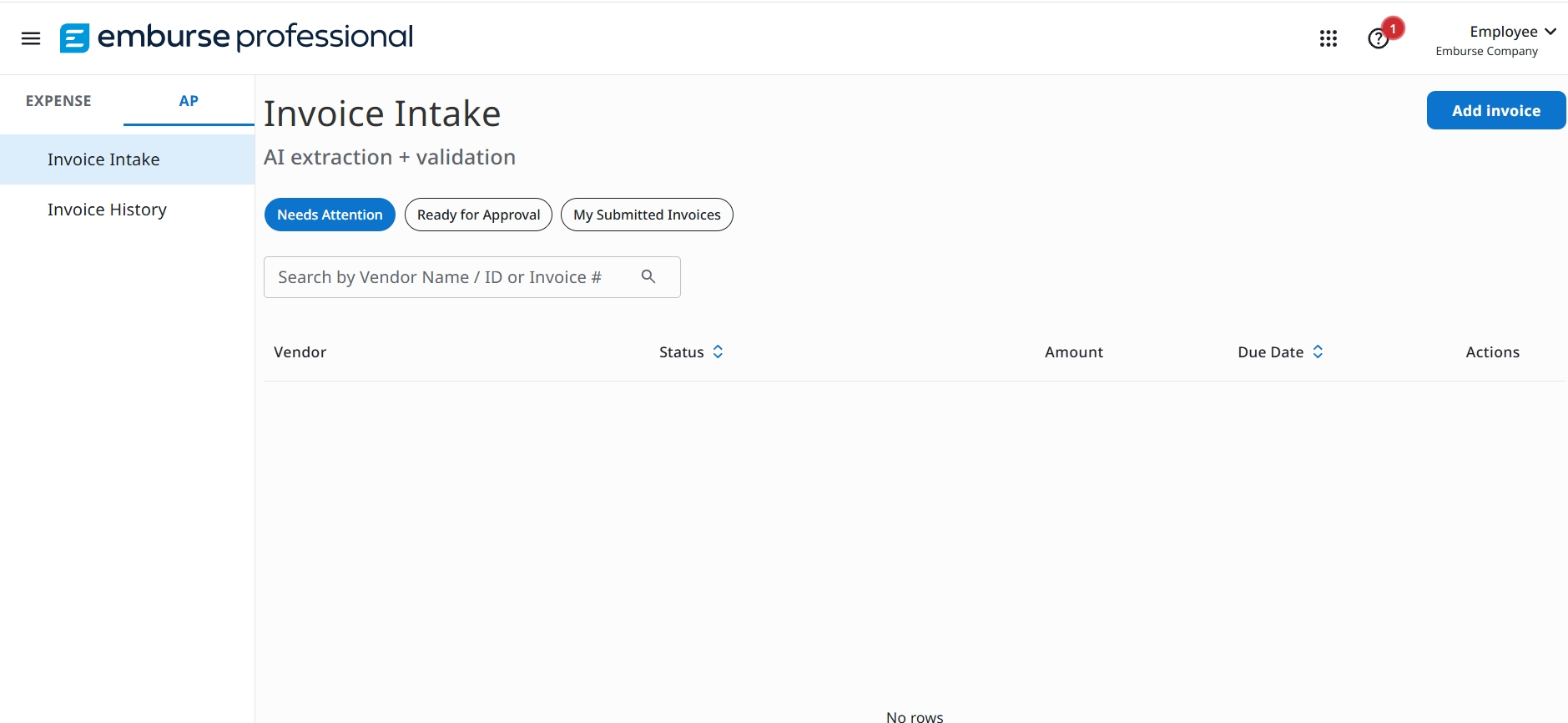 Invoice Intake empty state with Needs Attention tab selected and No rows in the invoice table