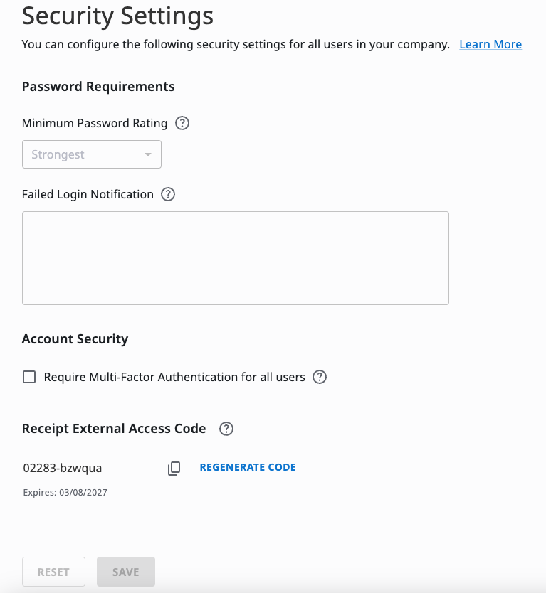 Available configuration options on the Security Settings page