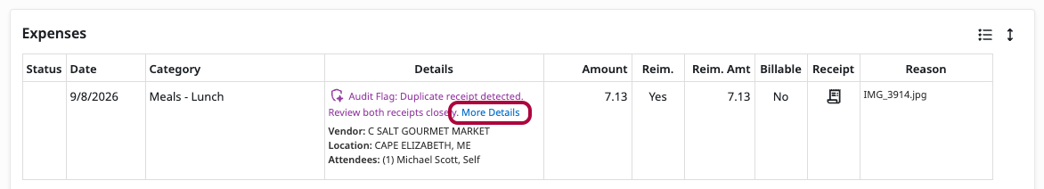 Expense line flagged by the duplicate receipt check