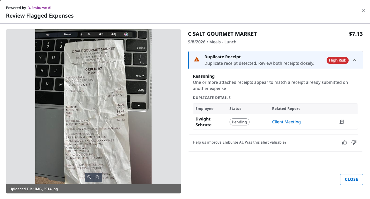 Duplicate receipt alert