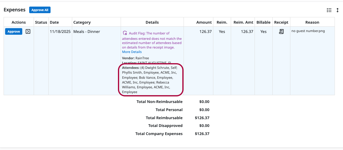 Expense report line item showing an Emburse Assurance Attendee Check audit flag with a More Details link.