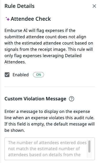 Attendee Check Rule Details showing the enabled rule, description, and custom violation message field.
