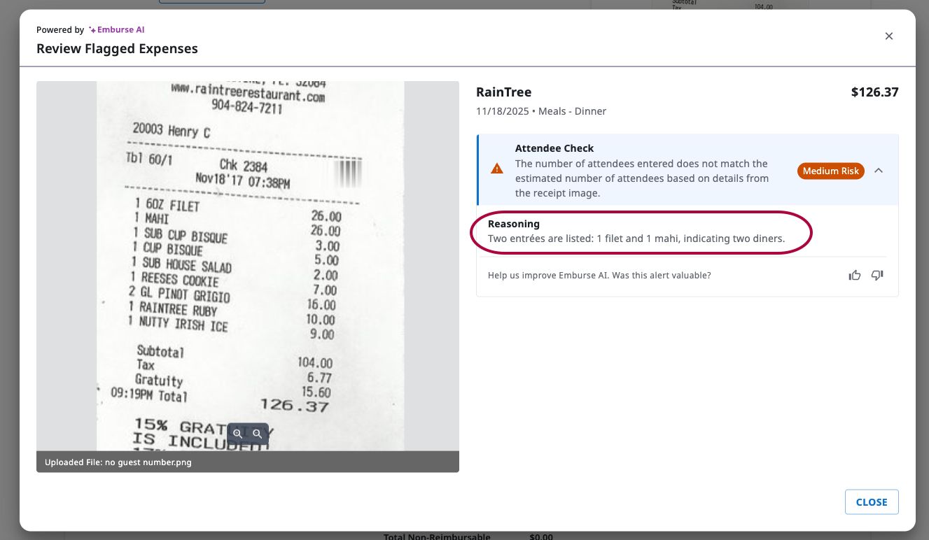 Review Flagged Expenses view showing Attendee Check reasoning, risk level, and attendee variance details.