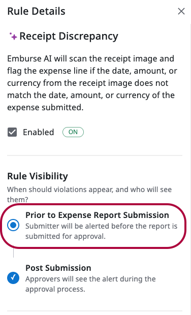 Receipt Discrepancy Rule Details showing Rule Visibility options for Pre-Submit and post-submission alerts.