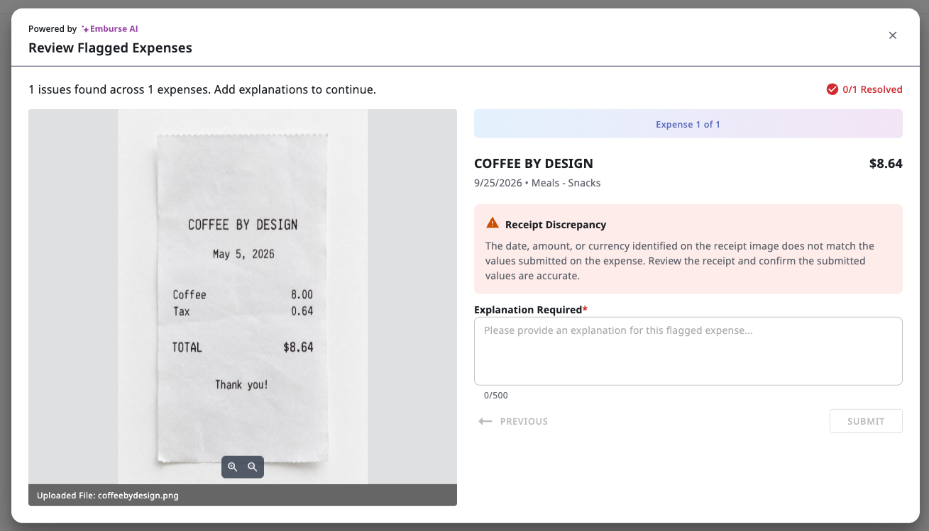 Review Flagged Expenses view showing a Pre-Submit Receipt Discrepancy alert and required explanation field.