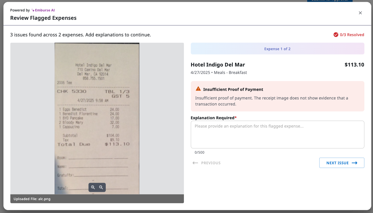 Review Flagged Expenses dialog showing an Insufficient Proof of Payment alert and an Explanation Required field.