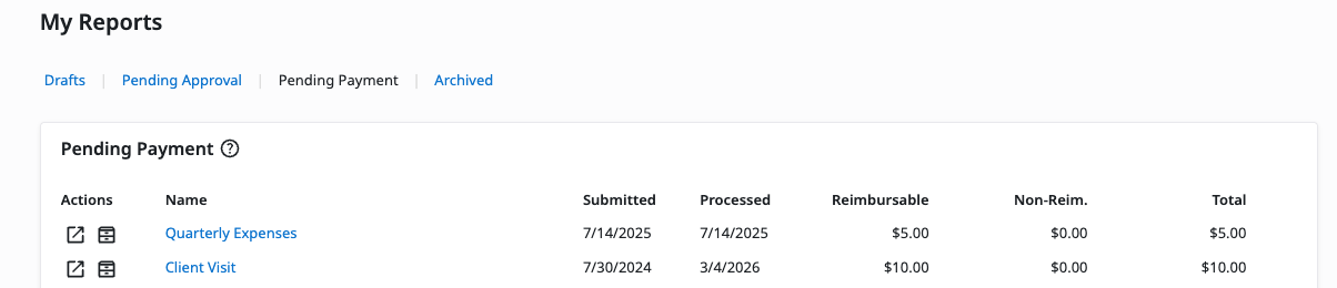 My Reports table on the Pending Payment tab showing the Submitted column for expense reports.