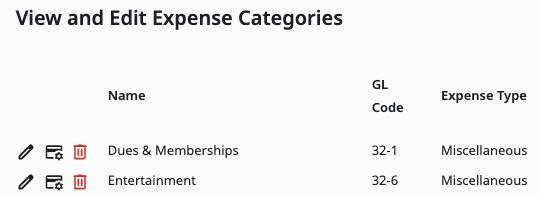 View and Edit Expense Categories table showing expense categories with the Miscellaneous expense type.