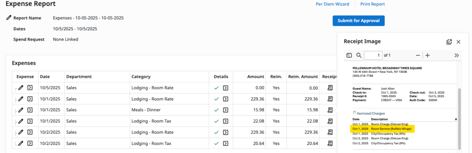 Expense report with a hotel receipt in the Receipt Image panel and itemized lodging and meal lines in the expense table.