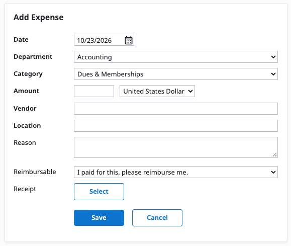 Add Expense form showing Department, Category, Vendor, Location, and Receipt fields.