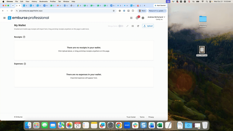 My Wallet page showing drag-and-drop receipt upload from the desktop into the wallet.